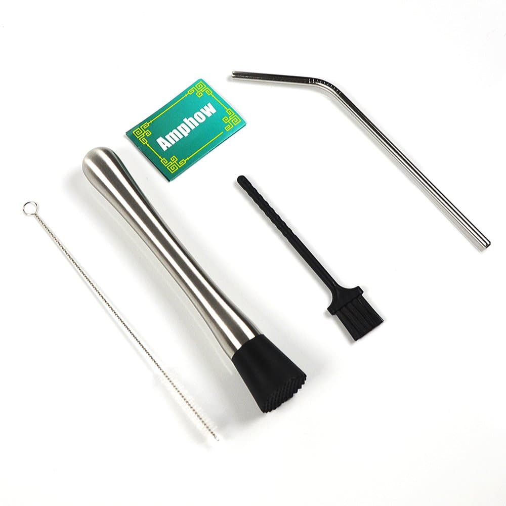 Cocktail Muddler - AMPHOW Stainles Steel Professional Bartender Muddler Bar Tool Set,with 1 Metal Straws,2 Cleaning Brush - DIY Your Perfect Drinks,Black Silver
