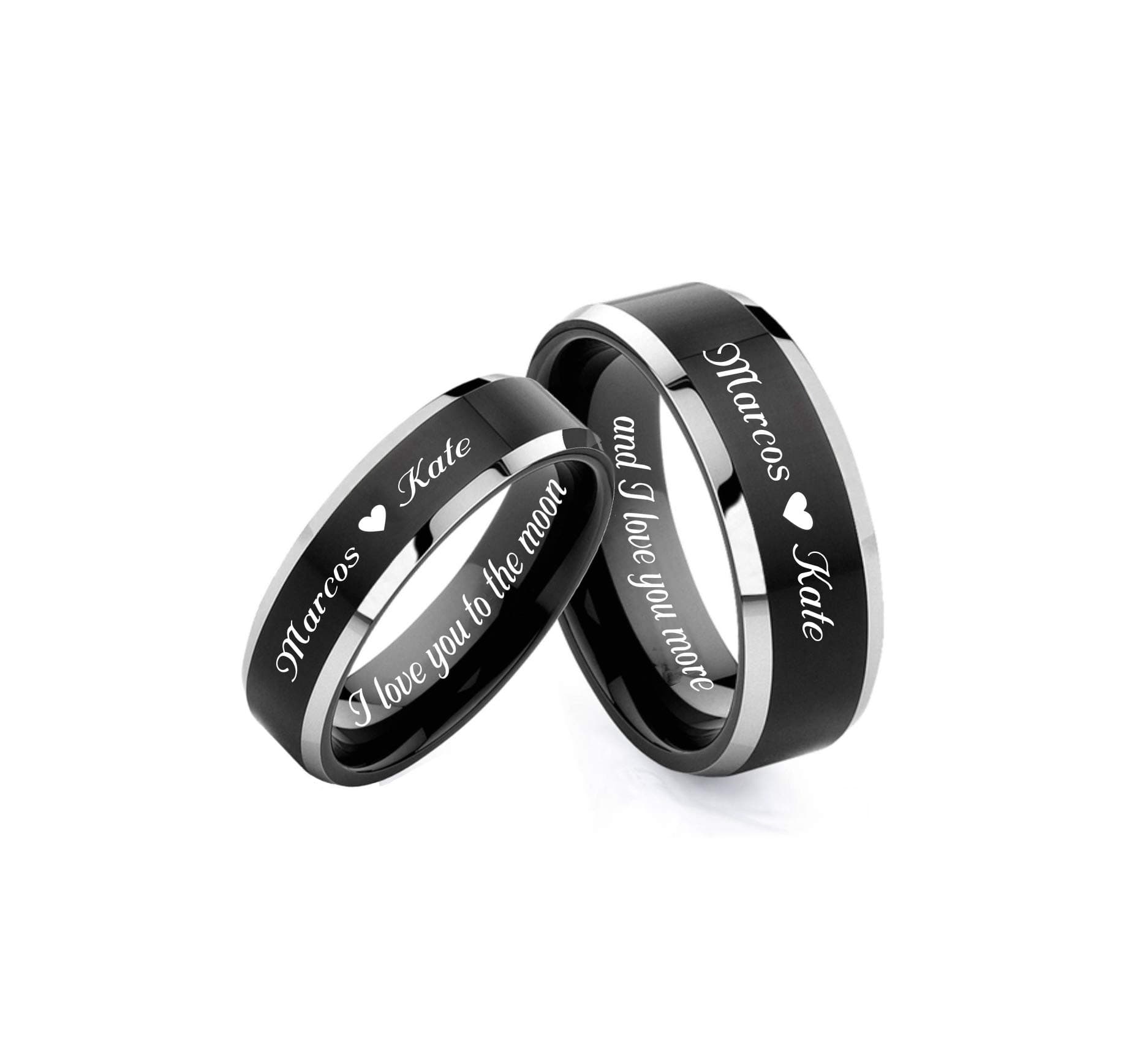 Personalized Black & Silver Two Tone Ring Set Custom Engraved Free In Any Language - His & Hers Couples Ring Set - Wedding Band Set - Ships from USA
