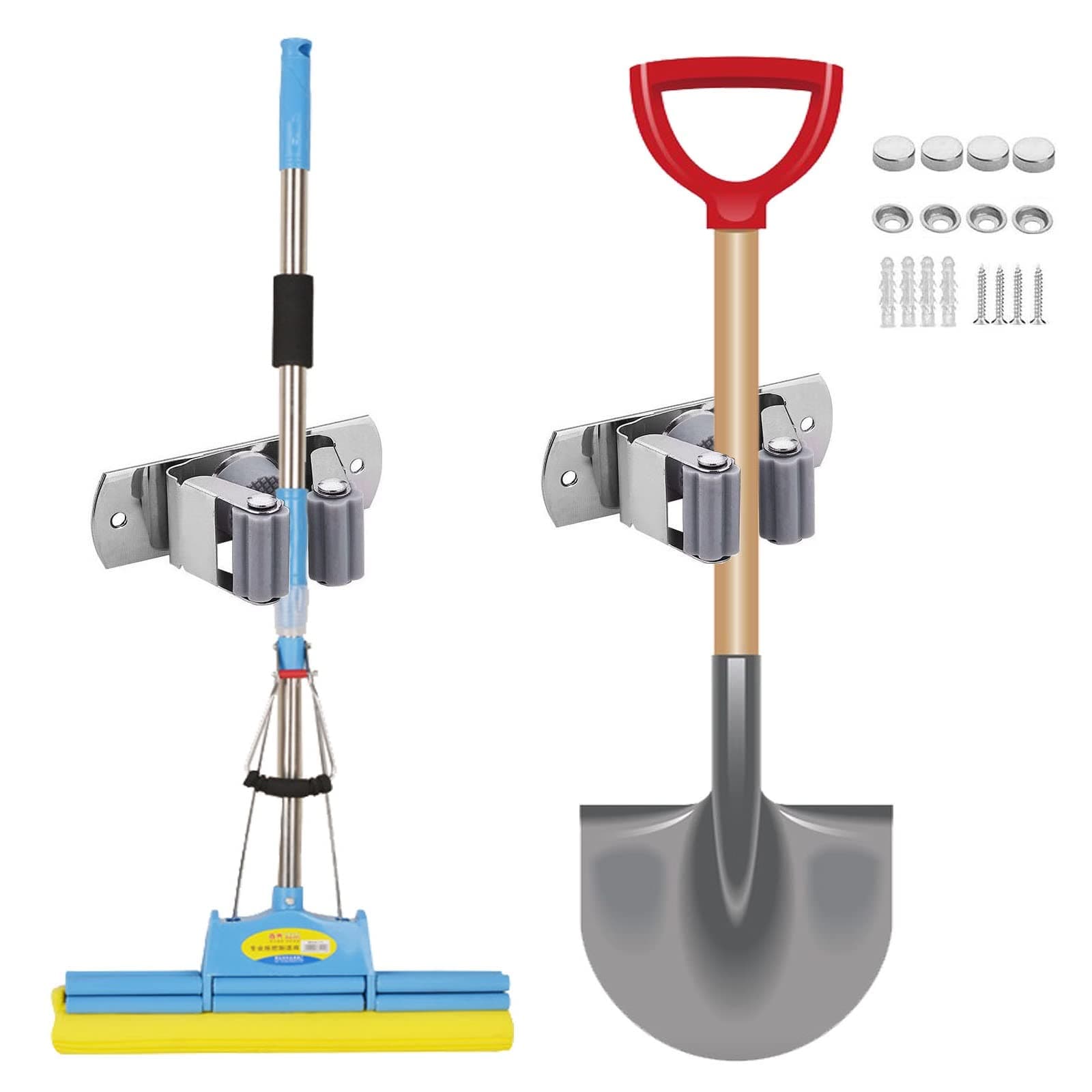 Mop Broom Holder Heavy Duty Wall Mounted, Beilala 2 Pack Stainless Steel Self Adhesive Tools Storage Organizers for Utility Room, Kitchen, Bathroom, Garage, Laundry, Garden and Office