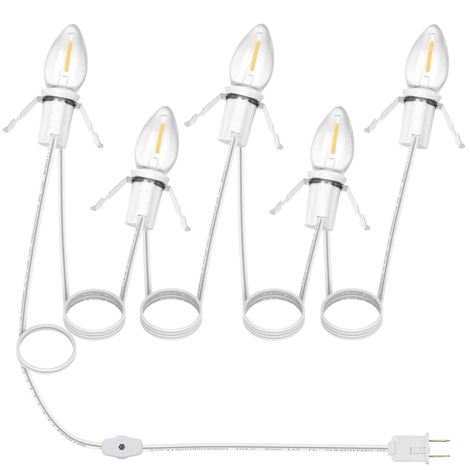 Accessory Cord with 5 LED C7 String Light Bulbs, 8.2Ft White Christmas Village Light, E12 Socket Cord Clip Lights with Spare Fuse and Switch for Holiday, Craft Village House Decoration