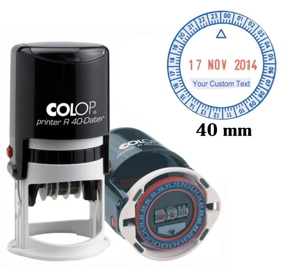 Self Inking COLOP R40 24 Hour Time & Date Stamp 40MM Round Business Stamp Custom Text Red Blue