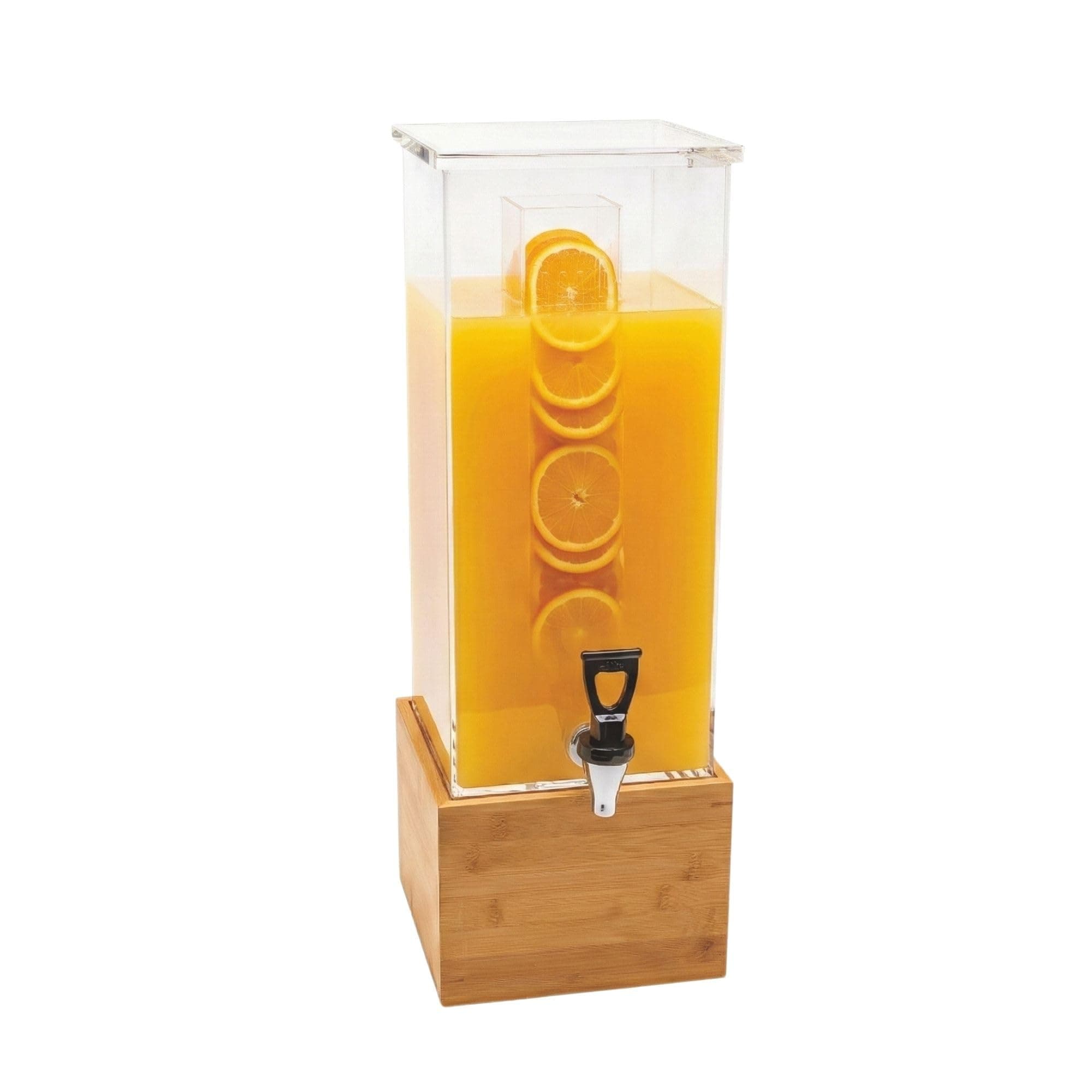 Restaurantware Bev Tek 2 Gallon Beverage Dispenser 1 Square Drink Dispenser For Parties - With Infusion Core Bamboo Base Clear Acrylic Drink Dispenser With Stand Easy-To-Use Spigot