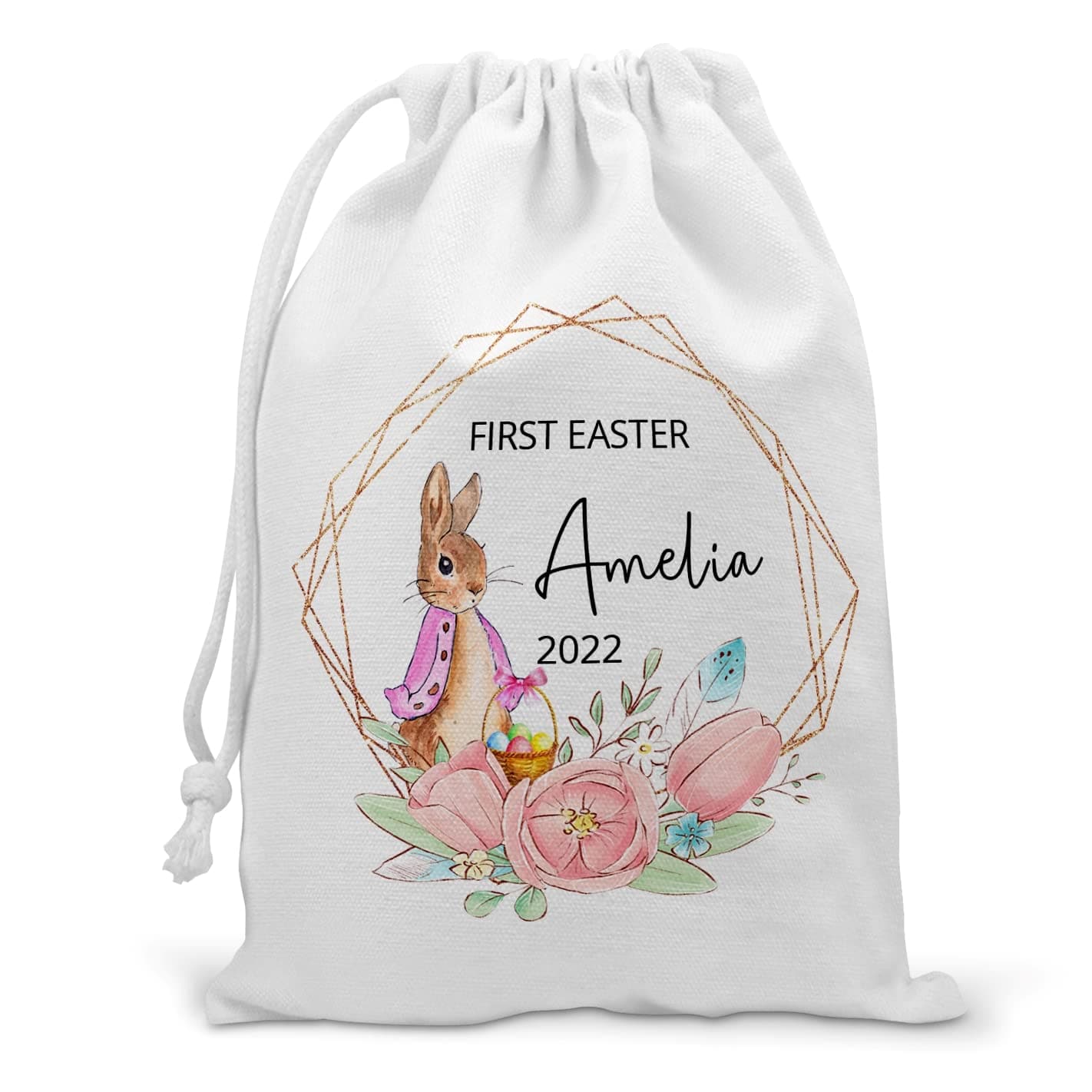 Personalised First Easter Bag for Girls - Pink Bunny Drawstring Sack - Custom Easter Egg Hunt Gift - Baby's 1st Easter Keepsake - Floral Rabbit Treat Bag