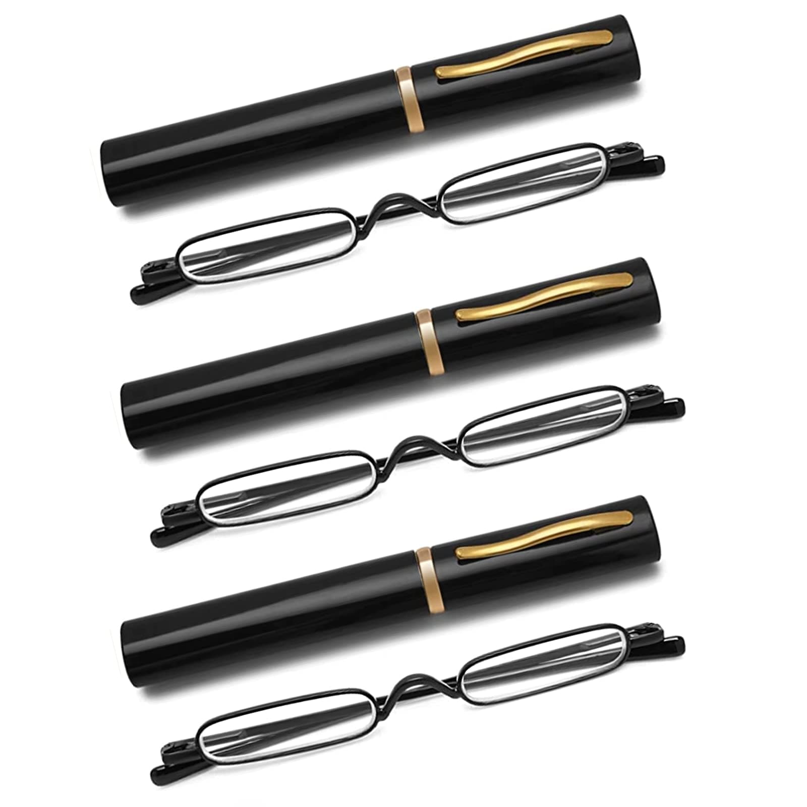 3 Pack Slim Pen Reading Glasses Metal Frame & Case Compact Portable Spring Hinge Eyeglasses for Women Men (Black, +1.75)