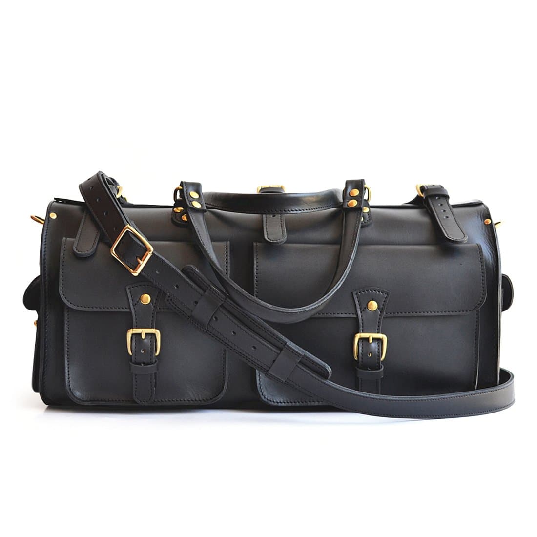 Marlondo Leather Weekender Duffel Bag - Full Grain Leather, Solid Brass Hardware (22", Black)