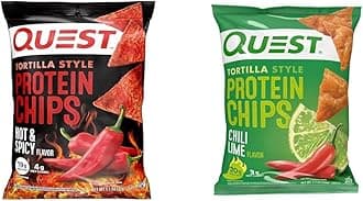 Quest Nutrition Tortilla Style Protein Chips, Hot & Spicy, 19g of Protein, 4g Net Carbs, Gluten Free, 1.1 Ounce (Pack of 12) & Tortilla Style Protein Chips, Chili Lime, Baked, 1.1 Oz, Pack of 12