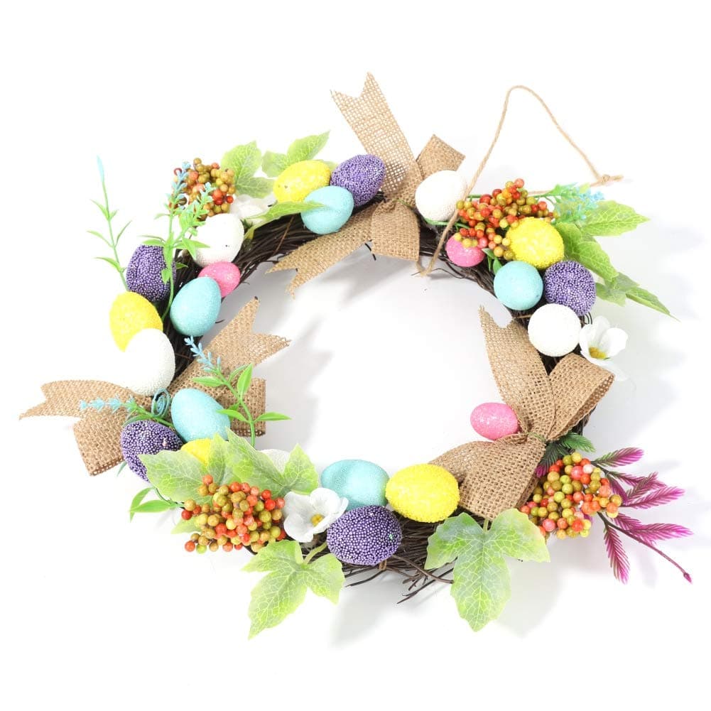 Forart 12 Inch Easter Wreath with Colorful Eggs, Easter Egg Wreath Artificial Flower Wreath for Front Door Wall Easter Decorations