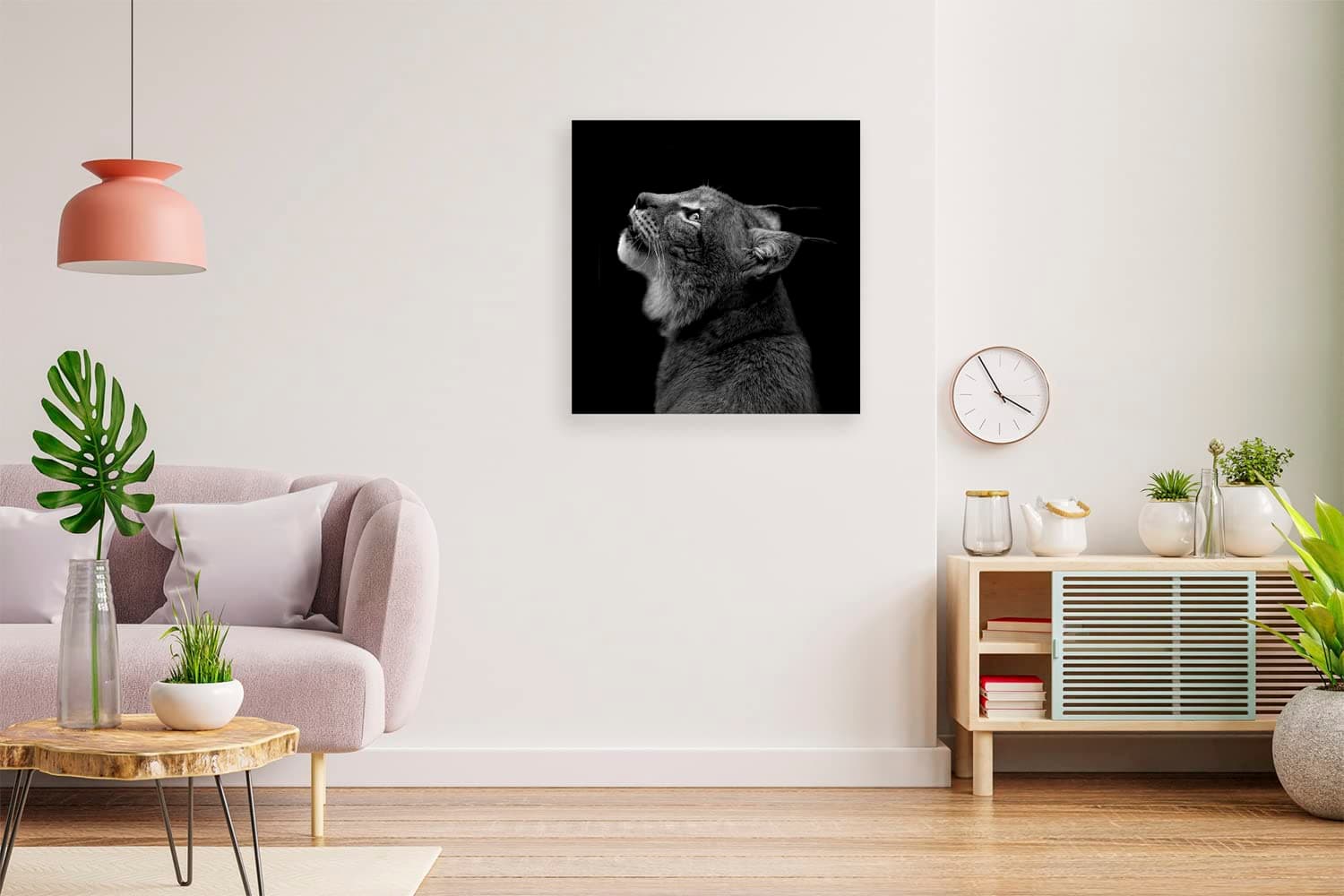 Printed Framed Canvas Painting for Home Decor Office Wall Studio Wall Living Room Decoration (14x14inch Wrapped) - Portrait of Lynx in black and white