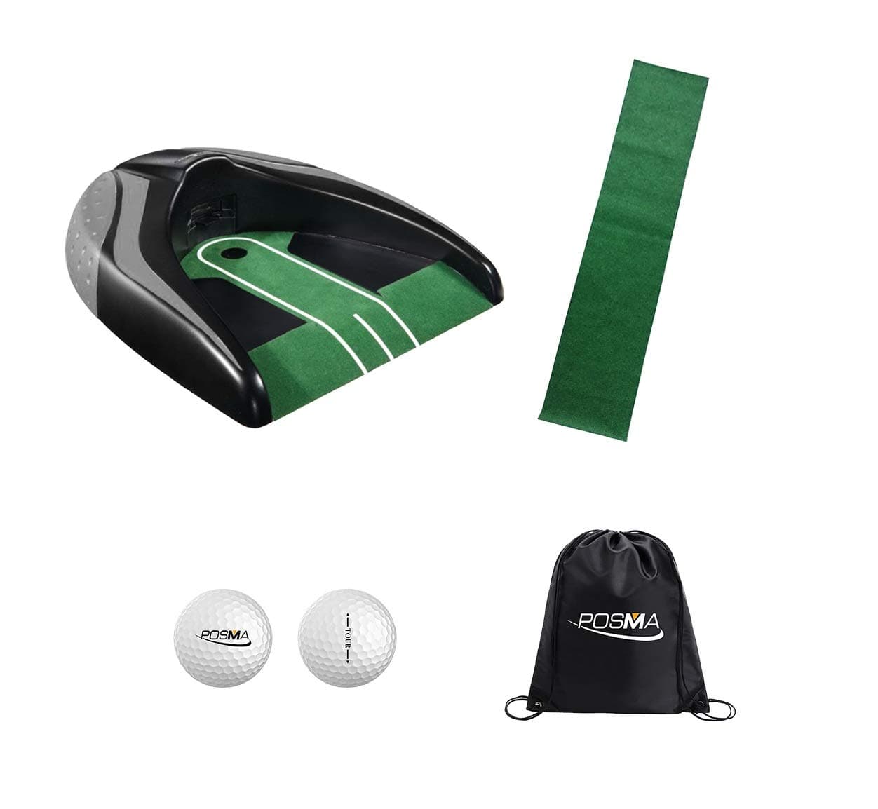 PG140BK-B Golf Putter Training Putting Trainer Bundle Gift Set with Kickback Putt Cup, 6ft x 1ft Putt Mat, 2pcs Tour Ball Cinch Sack Carry Bag Golf Training Aid