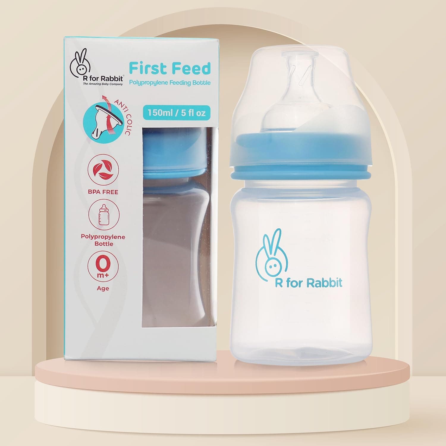 R for Rabbit First Feed 150 ml Baby Feeding PP Bottle with Anti-Colic Wide Neck, BPA Free Soft Silicone Nipple, Milk Feeder for New Born/Infants/Toddler Kids of 0+ Months (Lake Blue)