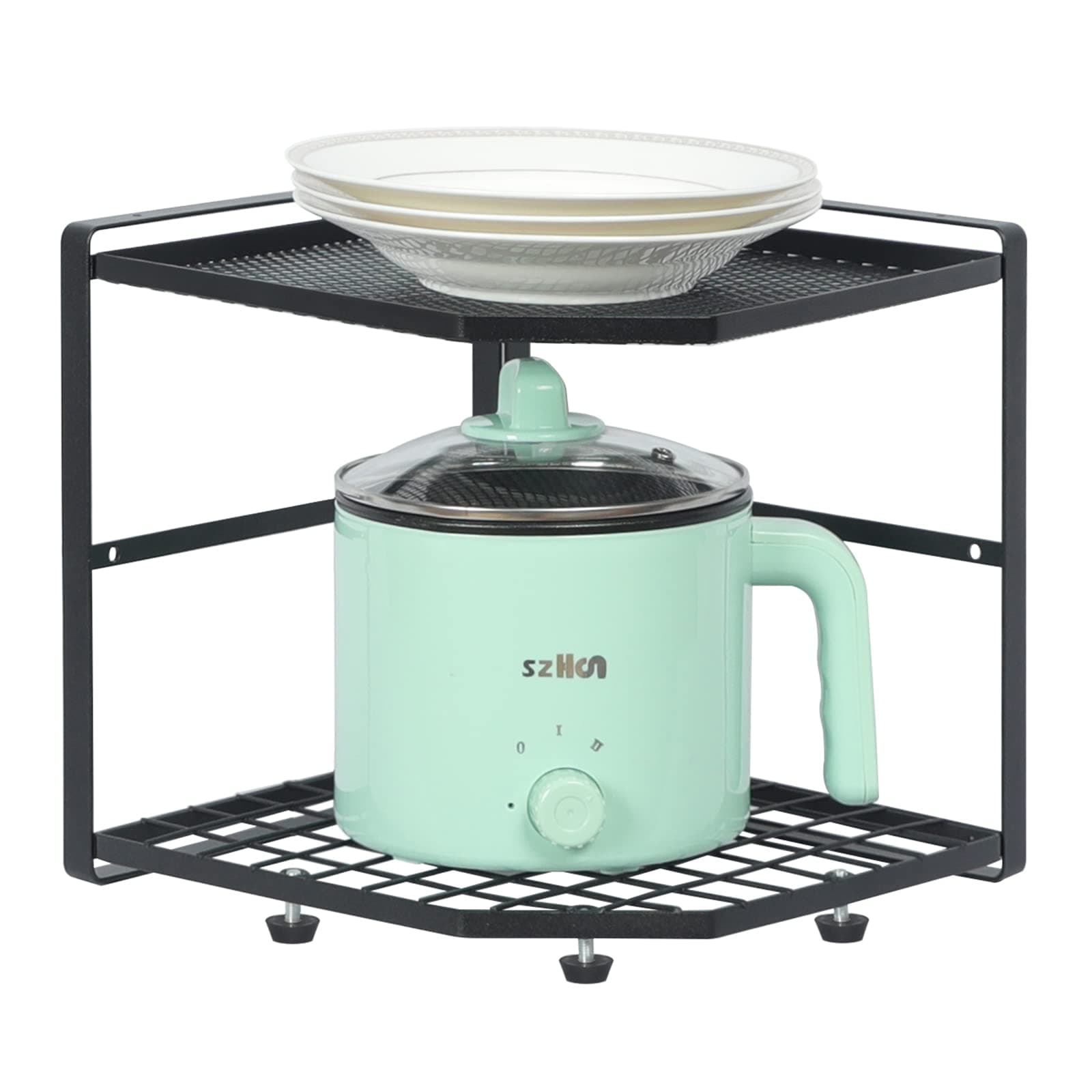 2-Tier Kitchen Corner Shelf, Plate Organizer for Cabinet - Corner Stand Rack Countertop Shelf Storage for Plates, Dishes Cabinet & Pantry Kitchen Organization, Black