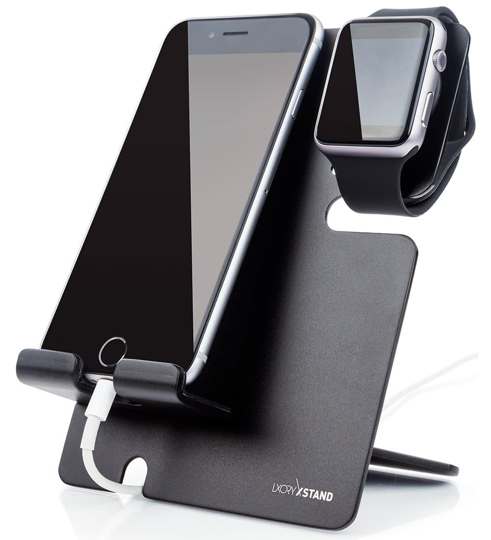 Apple Watch Stand With iPhone Dock - 2 in 1 Duo Charging Station For All iWatch and Phone Models, Best for Travel and Gifting: LXORY XStand (Black-Black)