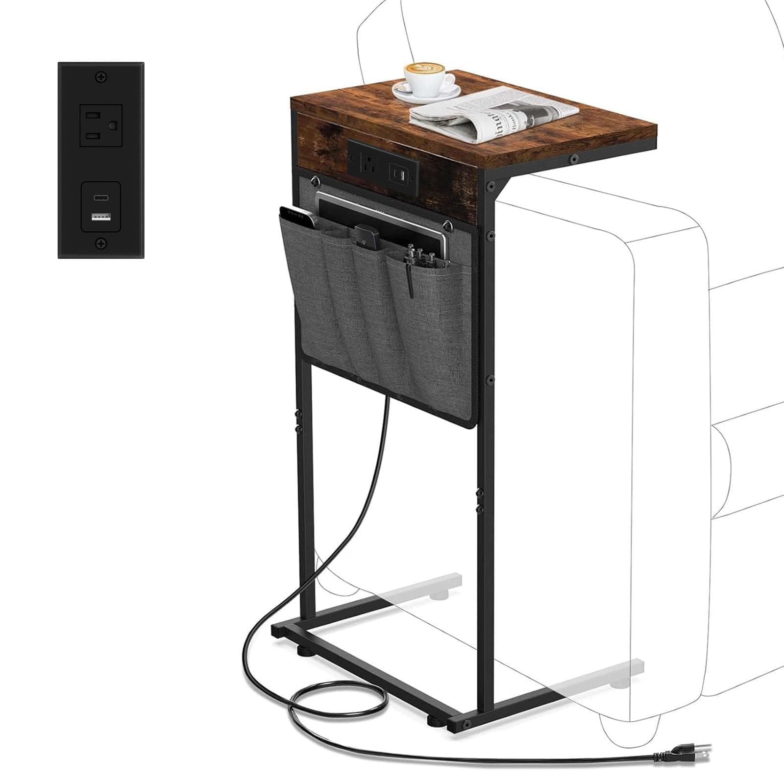 C Shaped End Table with Charging Station, Small Side Table with Storage Bag for Couch and Recliner, Slide Under Sofa Tray for Living Room, Bedroom, Rustic Brown