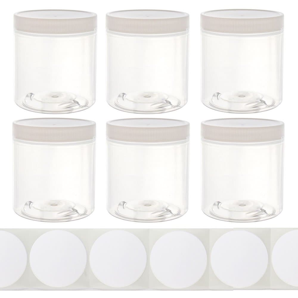 8oz Plastic Wide-Mouth Storage Jars (6 pack) with labels - Large straight-sided clear empty refillable containers with white screw-on lids - 70mm 70-400 70/400