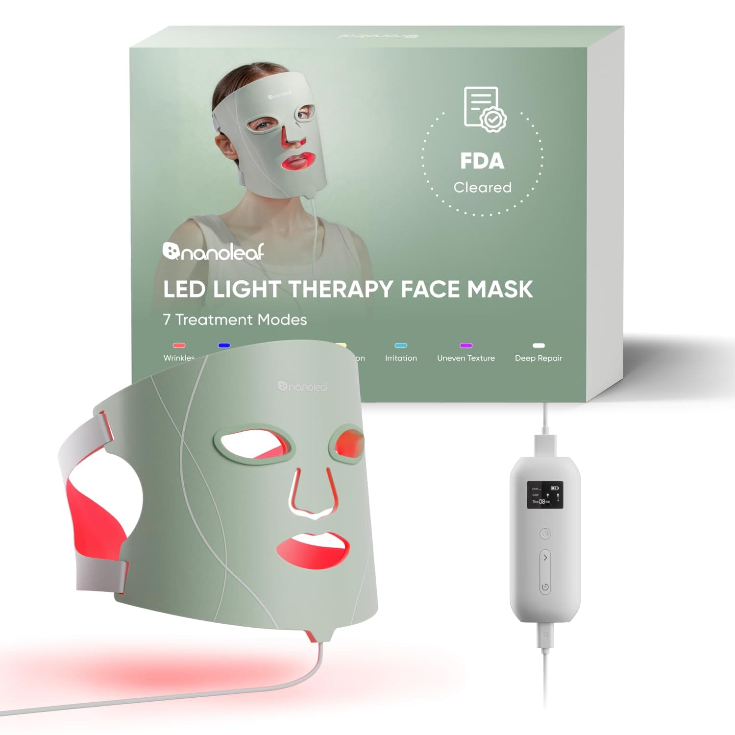 Nanoleaf LED Light Therapy Face Mask, 7 Targeted Light Modes, Portable Red Light Mask with NIR LEDs, Skin-Friendly Silicone & Eye Protect, 5-10 Mins Quick Treatment, Infrared Rechargeable