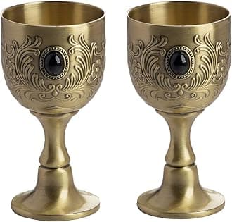 Chalice Goblet, Hand-Made Vintage Pure Copper Engraving Flower Pattern Metal Embossed Wine Copper Gemstone Cups Medieval Gothic Goblet 1.7oz 2-Pack