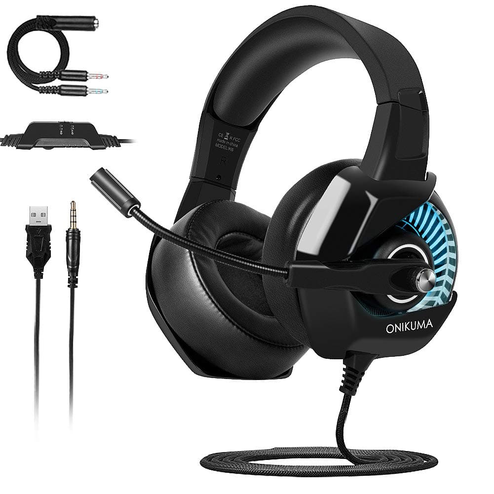 Gaming Headset PS4,ONIKUMA Gaming Headset for PS4 Nintendo Switch Xbox One S PC MAC Mobile With Mic,Over-Ear Stereo Surround Headphone With Noise Cancelling Microphone/Soft Memory Earmuffs/RGB Light