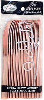 Lillian Tablesettings Knife Bag | Polished Rose Gold | Pack of 24 Plastic Cutlery, 5.5 x 1 x 1 inches