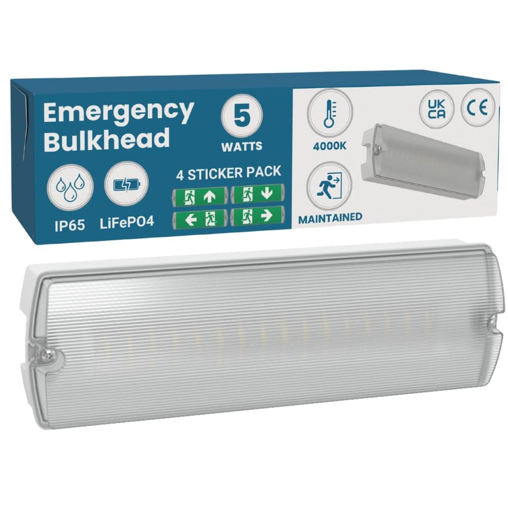 LightHub LED IP65 3hr Emergency Maintained/Non-Maintained Bulkhead Fire Safety Light Fitting with Exit Legends [Energy Class A+]