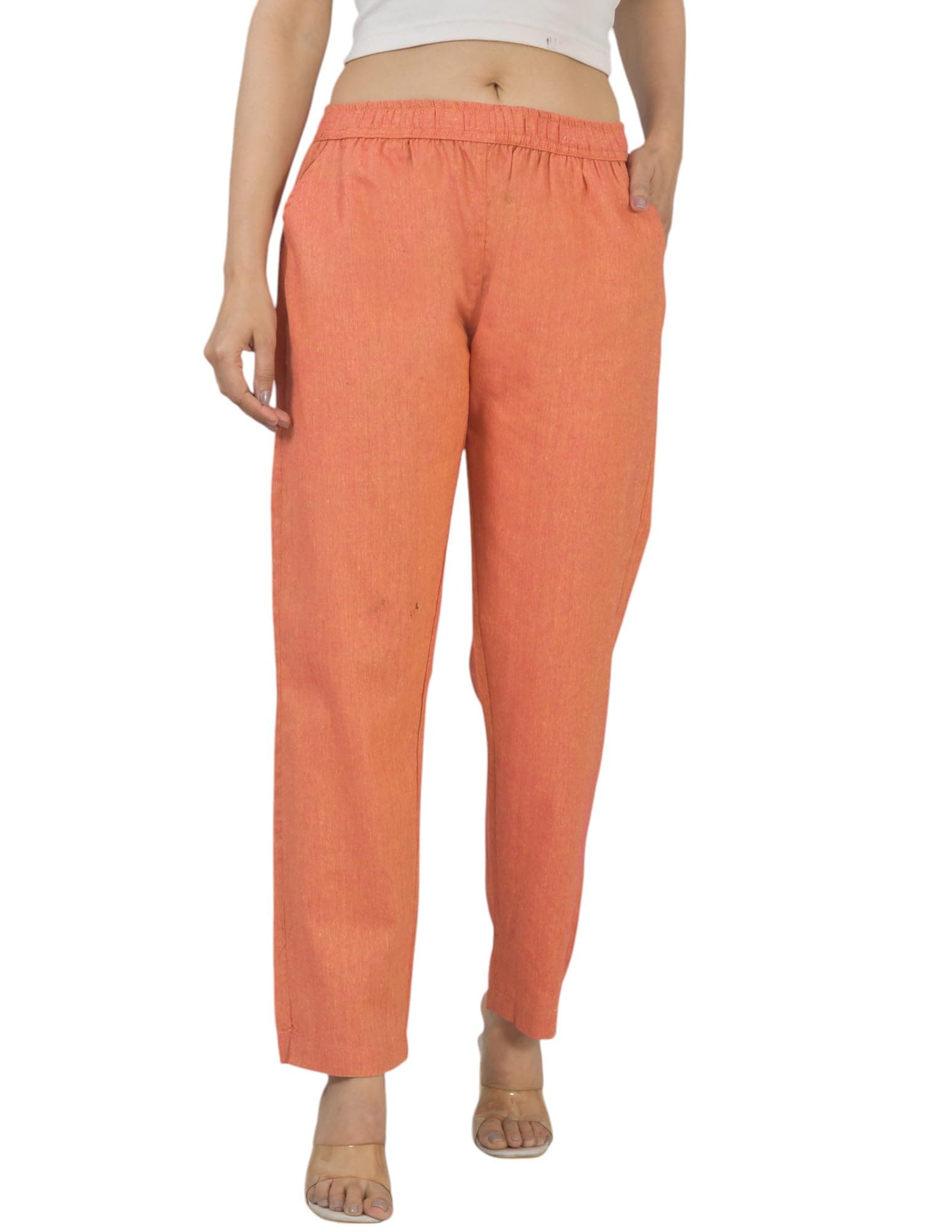 Qashida Women's Cotton Linen Pants, Regular Fit, Fully Elasticated, 2 Side Pockets