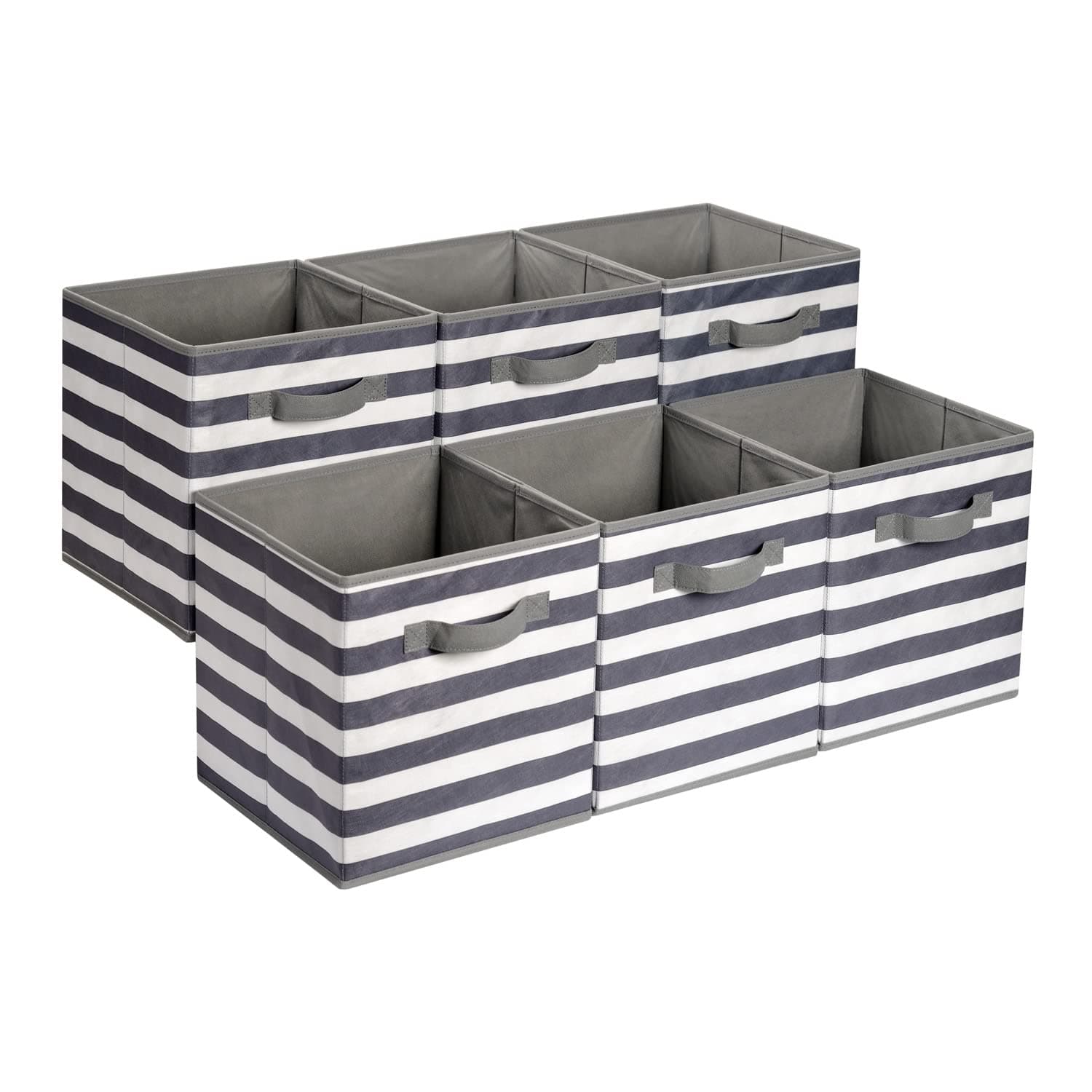 Amazon Basics Cube Organizer Storage Bins Handles, Collapsible Fabric, Pack of 6, 10.5"x10.5"x11", White/ Light Grey Stripe