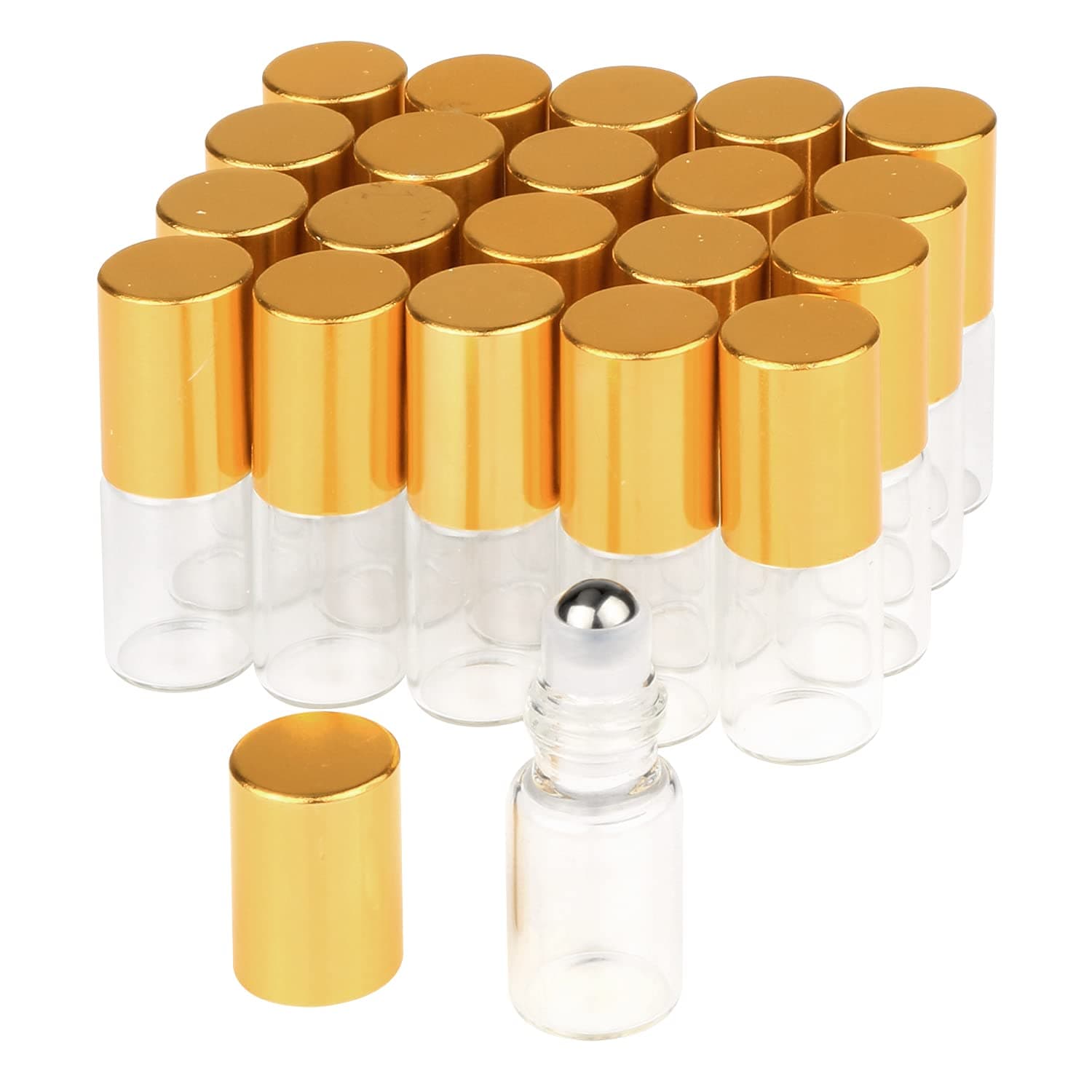 3ml Roller Bottles 20 Pcs Clear Glass Roll on Bottles Refillable Essential Oil Perfume Rollerball Bottles Container vial (gold cap)