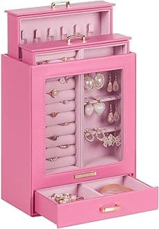 Homde Jewelry Organizer Girls Women Jewelry Box for Necklaces Rings Earrings Gift Bracelets Storage Case(Pink + Gold)