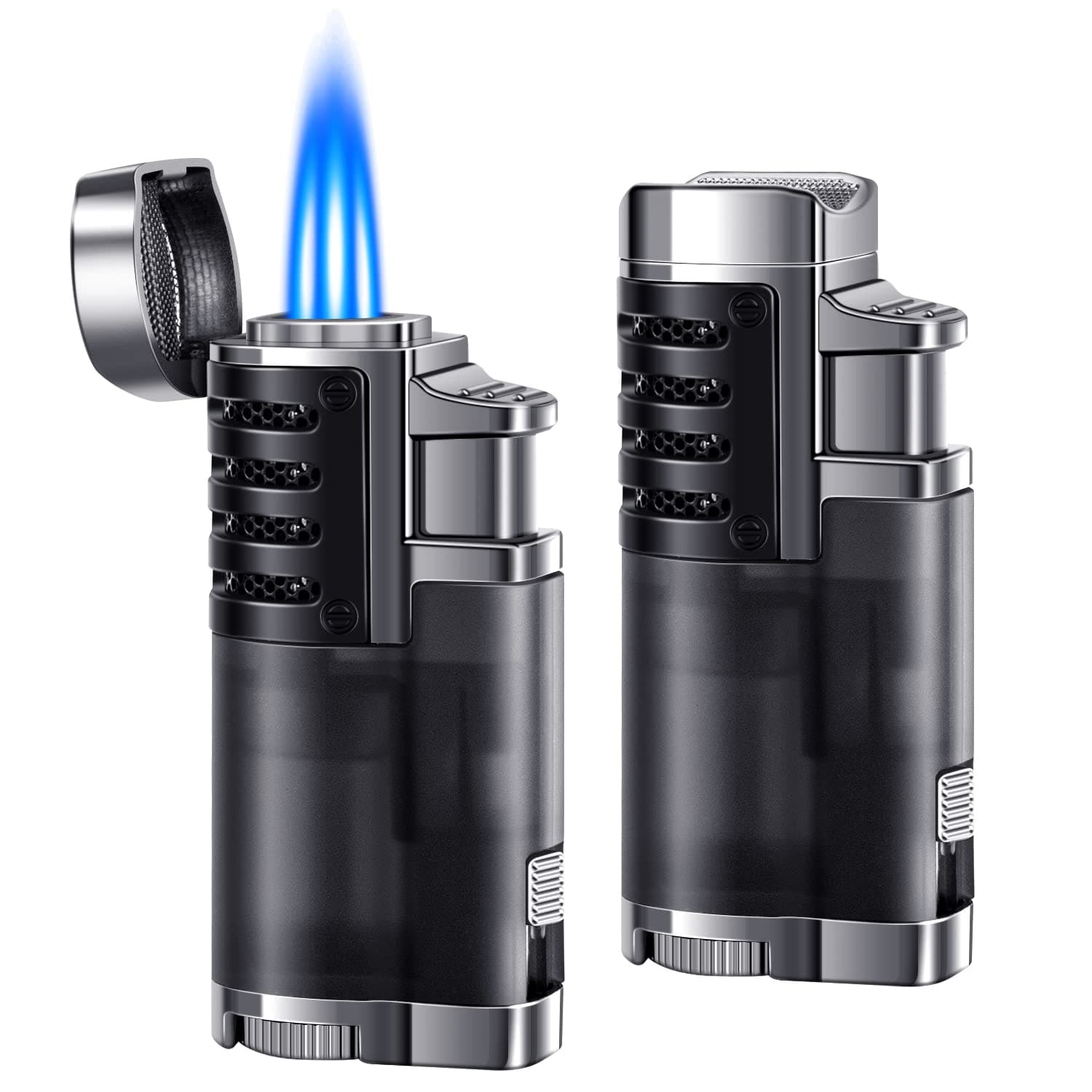 lcfunTorch Cigar Lighter 2 Pack Triple Jet Flame Butane Lighter Refillable Windproof Lighters Adjustable Flame Jet Lighter Butane Torch Lighter for Camping, Candle-Butane Not Included (2 Pack Black)