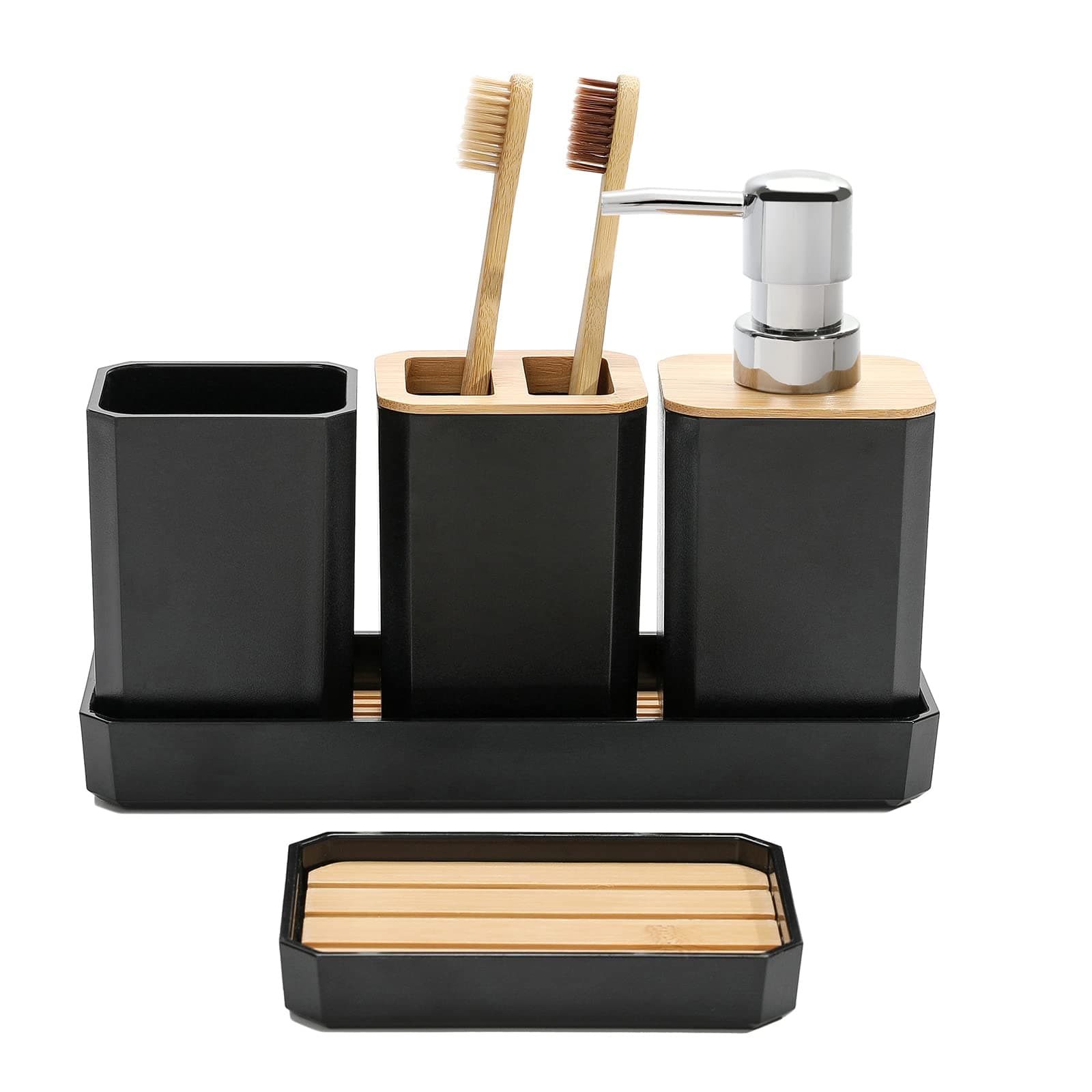 Bathroom Accessories Set,5 Pcs Bathroom Accessory Gift Set, Soap Dispenser, Soap Dish, Toothbrush Holder, Toothbrush Cup, Vanity Tray, Boho, Modern Bathroom Decor (Black)