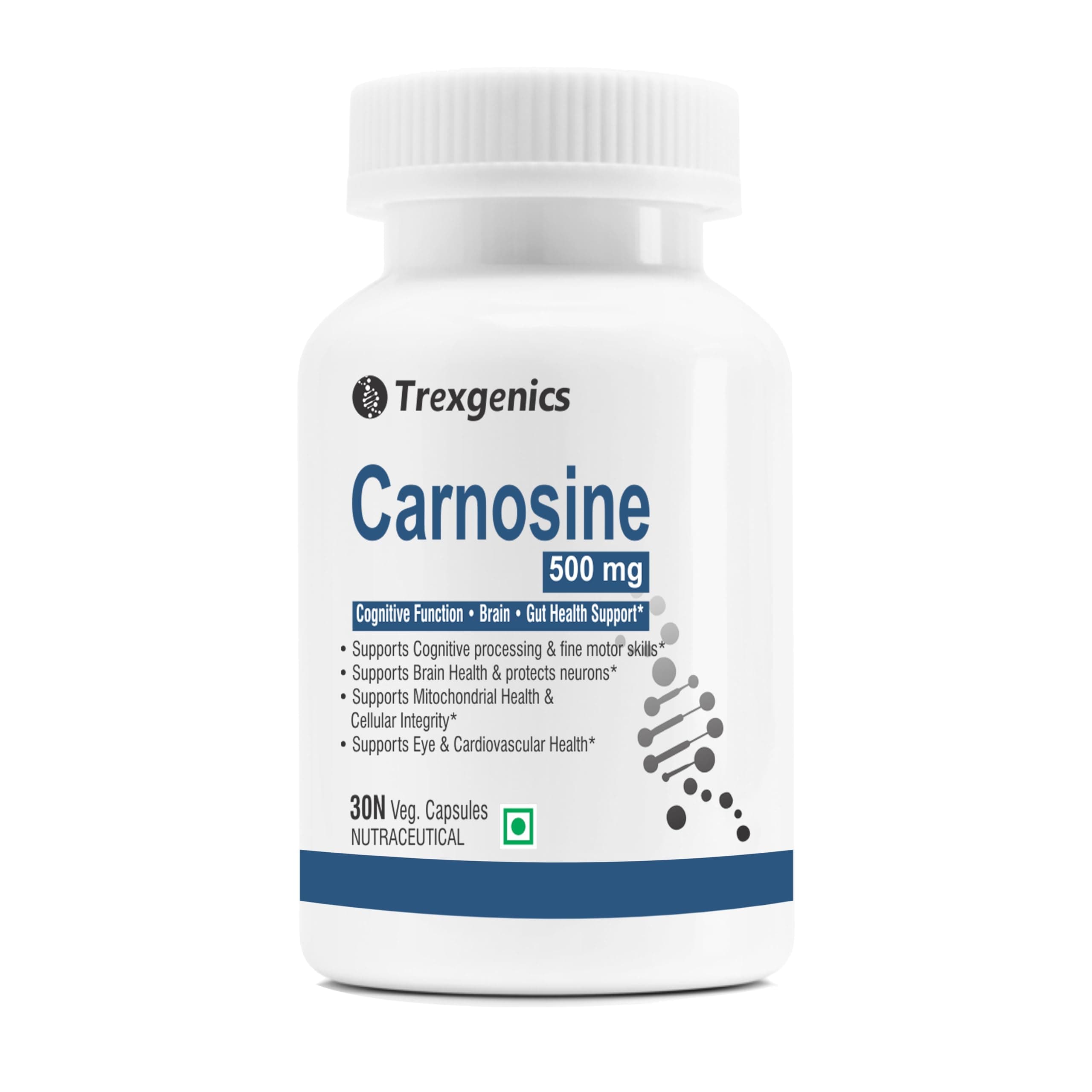 Trexgenics L-CARNOSINE 500 mg ADHD, ADD Care, Cognitive Function, Brain & Gut Health Support (30 Veg Capsules) (Pack of 1)