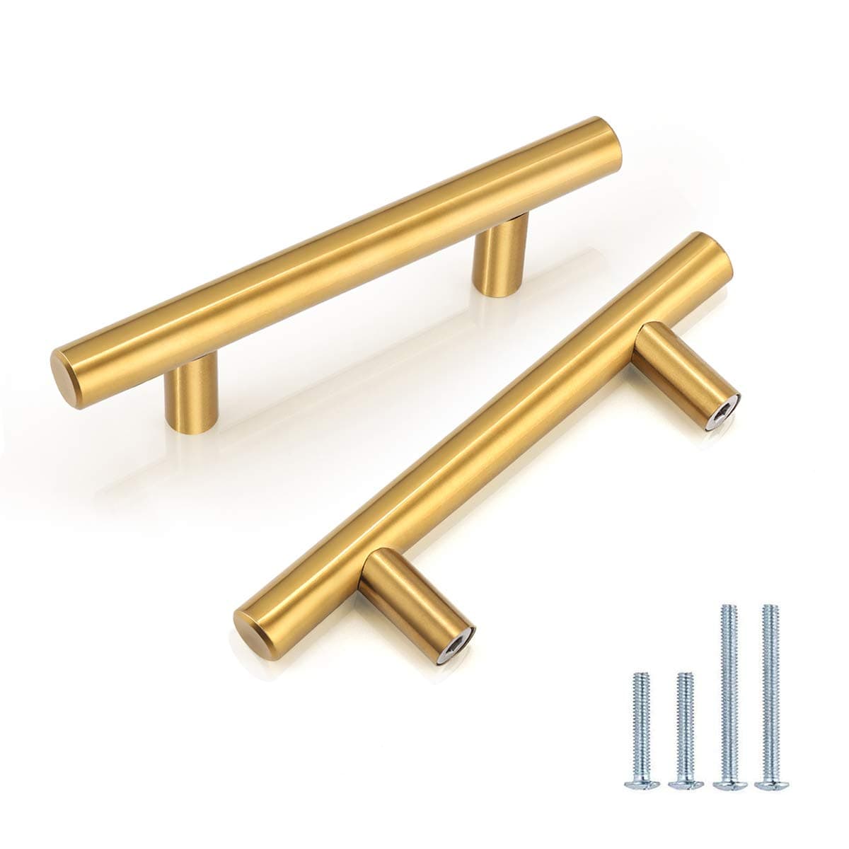 Goldentimehardware 6 Pack Gold Drawer Pulls 3" 76 mm Hole Centers T Bar Style Handle Brass Cabinet Pulls Stainless Steel Kitchen Hardware Dresser Cupboard Door Pulls Handles
