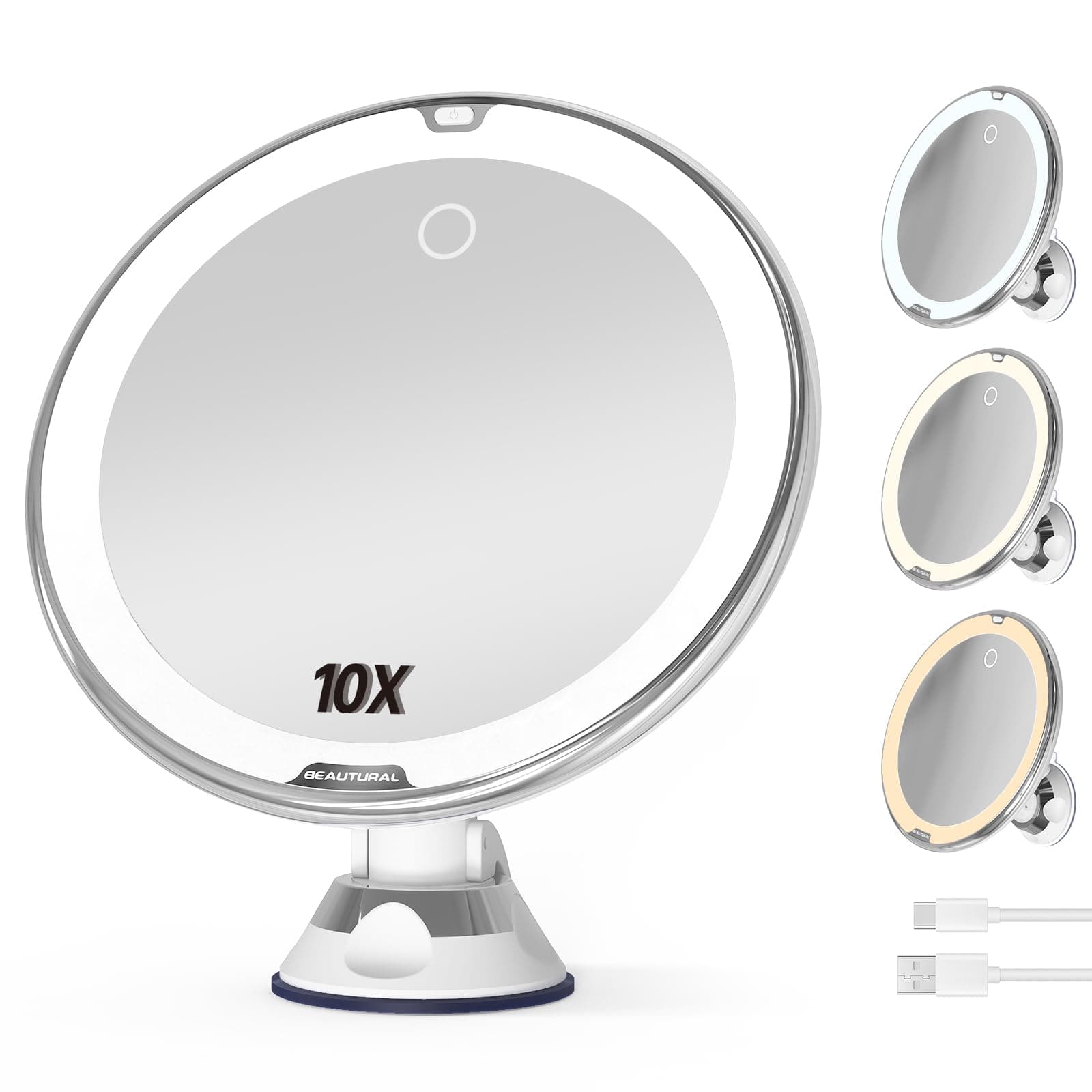 BEAUTURAL Makeup Mirror, 10X Magnifying Lighted Vanity Daylight White LED, Portable Illuminated Bathroom Mirror, 360 Degree Swivel Rotation and Locking Suction