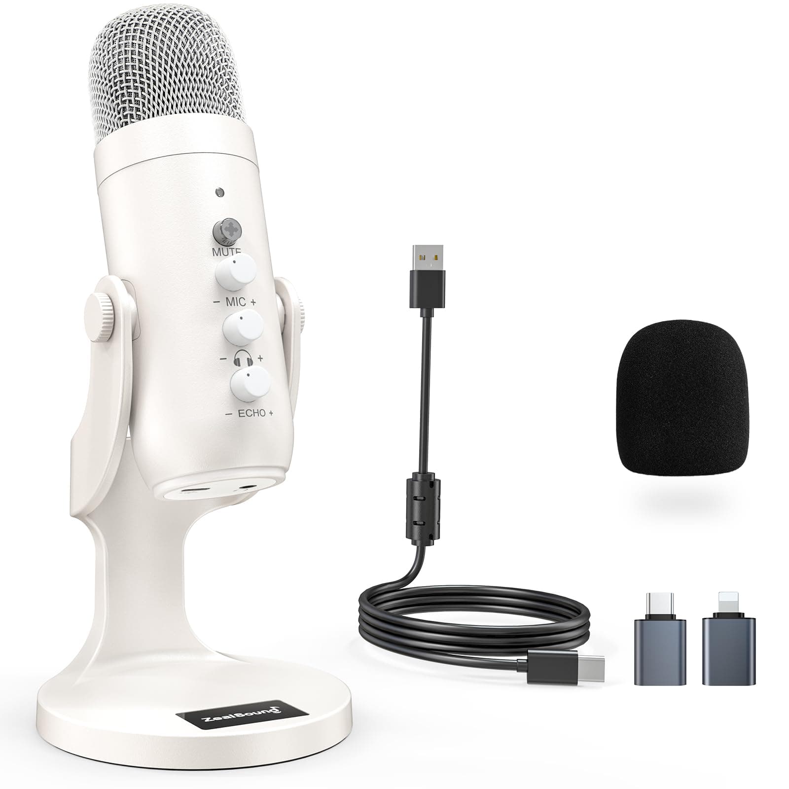 Podcast Microphone, Noise Cancellation Mic with Gain, Volume Adjustment & Mute Button, Monitor & Echo, for ASMR, Vocal Recording, YouTube, TikTok, PC, iPhone, iPad, Android, Mac, K66, White