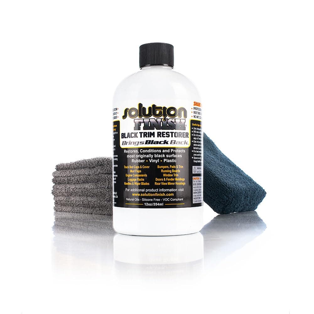Solution Finish FULL INSTALLATION KIT: 12 oz Black Plastic Trim Restorer SUPER SIZE 12 oz + 2 Microfiber Towels + Applicator Sponge + Gloves