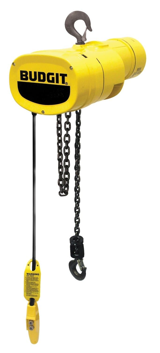 Budgit Hoist Manguard BEHC0216 Electric Chain Hoist, Three Phase, Hook Mount, 2 Ton Capacity, 14' Lift, 16 fpm Max Lift Speed, 2.5 HP, 23" Headroom, 1-3/8" Hook Opening, 230/460V