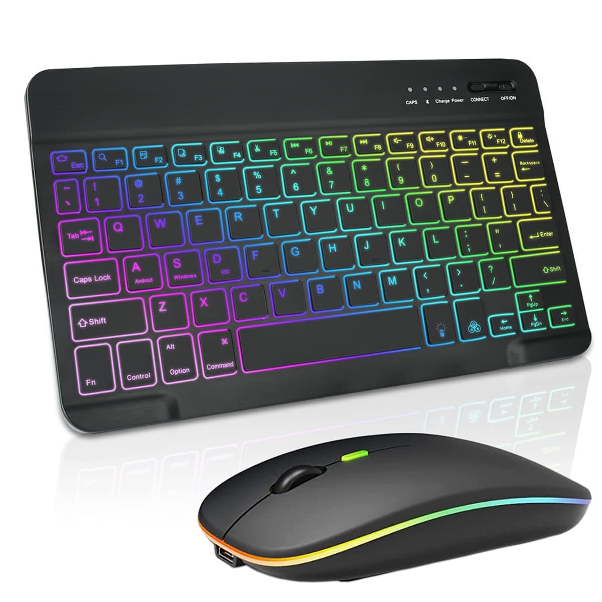 Ultra-slim Bluetooth Keyboard and Mouse Combo for iPad, Rechargeable Wireless Keyboard & Mouse with 7-Color Backlit, Compatible with iPad 9th/8th Gen, iPad Pro/Air/Mini, iPhone14/13/12 Pro (Black)