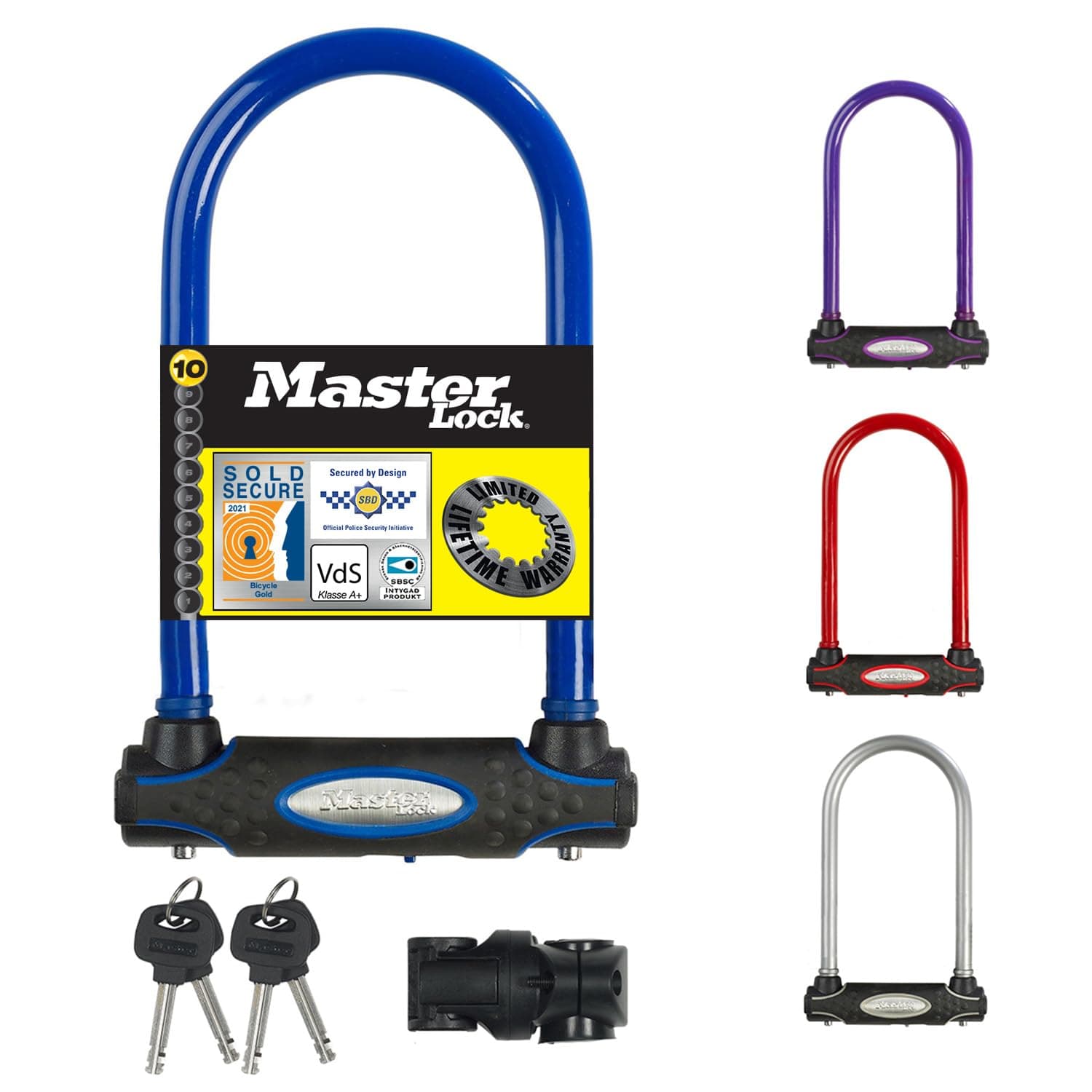 Master Lock Heavy Duty Bike D Lock, Key, Universal Mounting Bracket, Certified Bike Lock, Police Approved, Random Color 8195EURDPROCOL - Use with Electric, Mountain, Road, Folding Bikes