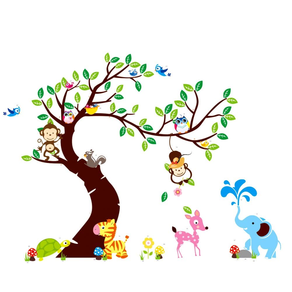 Cute Owl Monkey Lion Elephant Playing On Trees Wall Stickers ForKids Rooms Decorative Removable PVC Wall Stckers