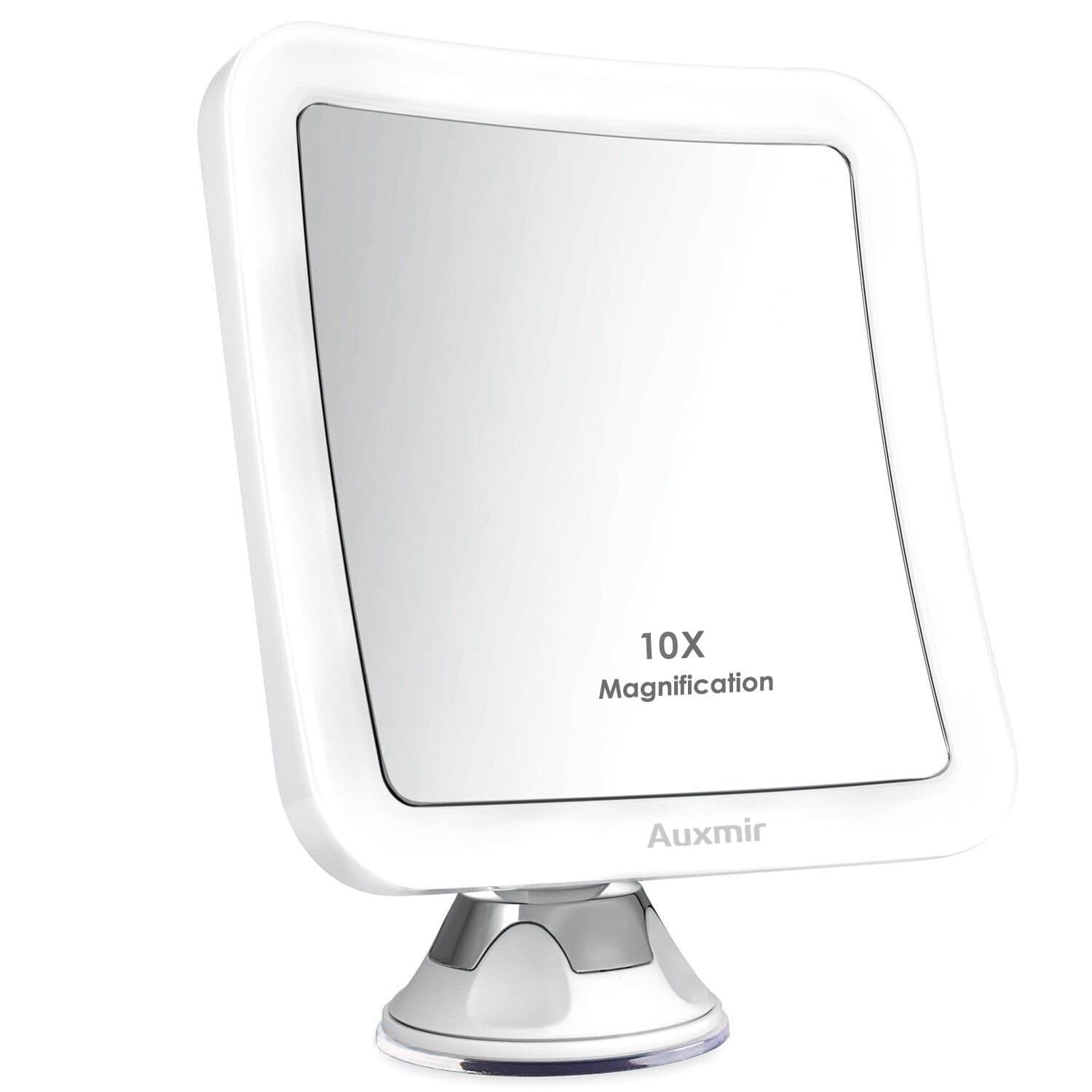 Auxmir 10X Magnifying LED Lighted Makeup Mirror with Suction Base, 360° Swivel, Cordless Vanity Mirror for Home and Travel, Battery Included, Square