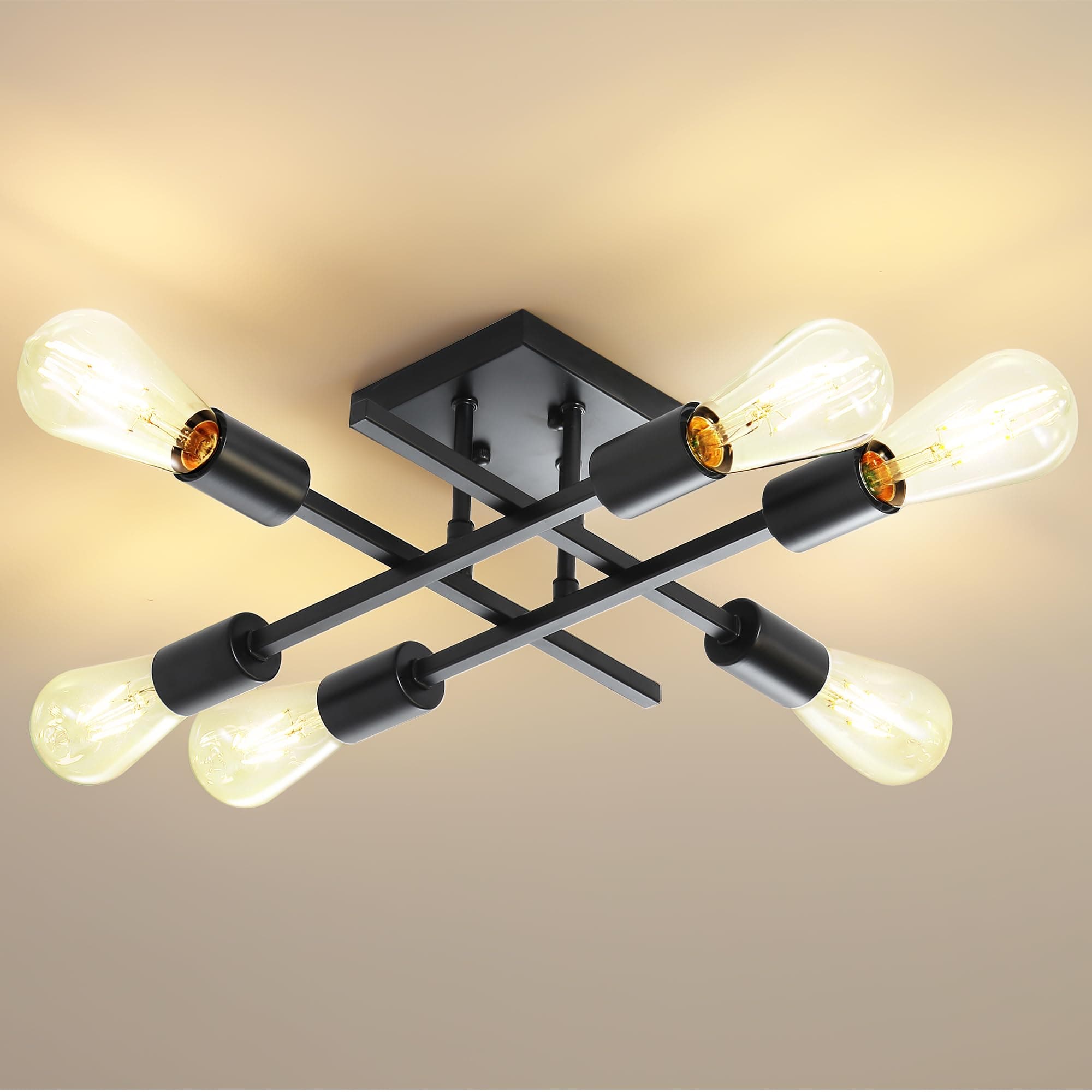 6-Light Semi Flush Mount Ceiling Light Fixture, Industrial Black Close to Ceiling Lighting, Modern E26 Base Sputnik Chandelier Ceiling Lamp for House Kitchen Bedroom Living Room Hallway