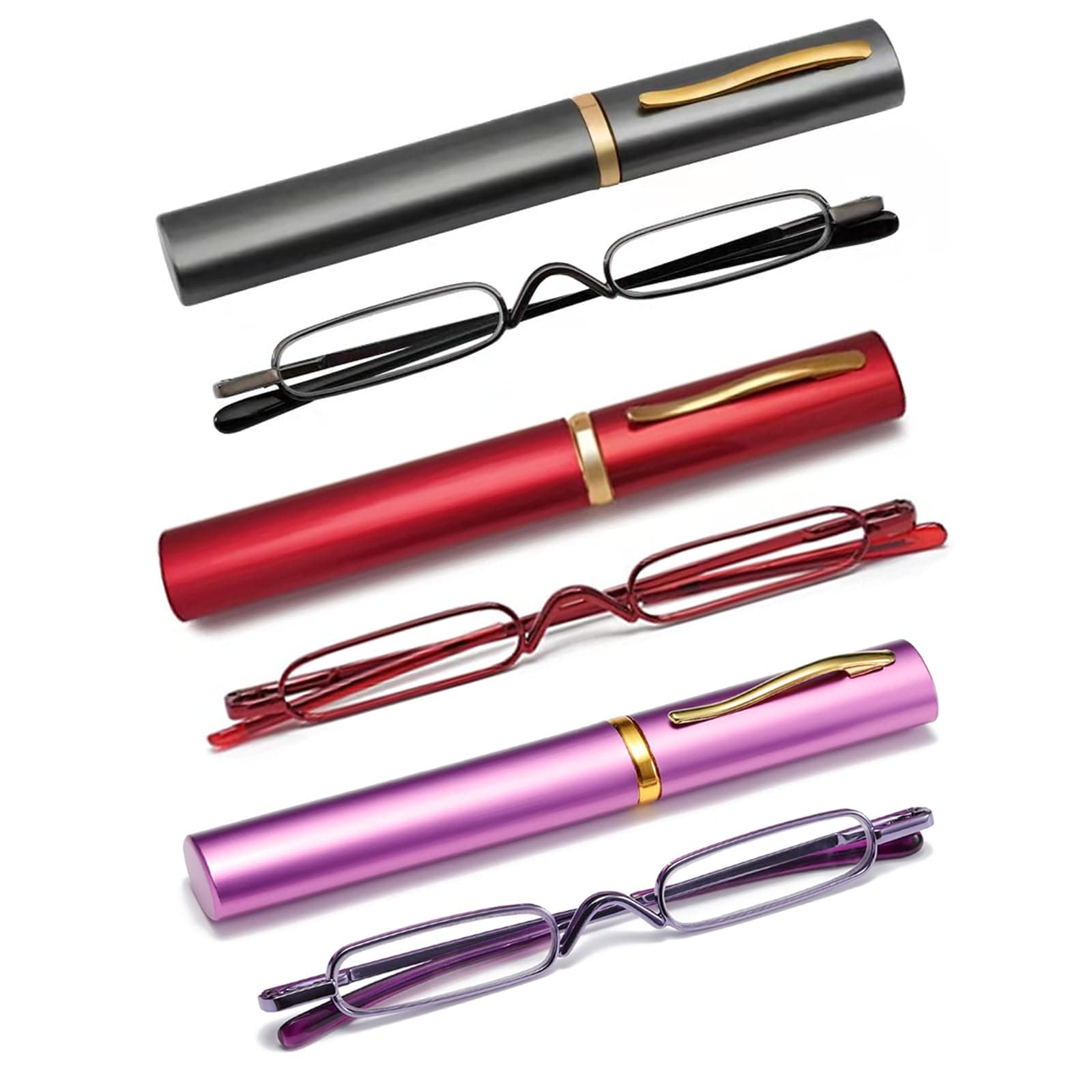 3 Pack Mini Slim Pen Reading Glasses - Compact Readers with Pen Clip Case Spring Hinge Metal Frame Eyeglasses (Gunmetal, Red, Purple, +2.25)