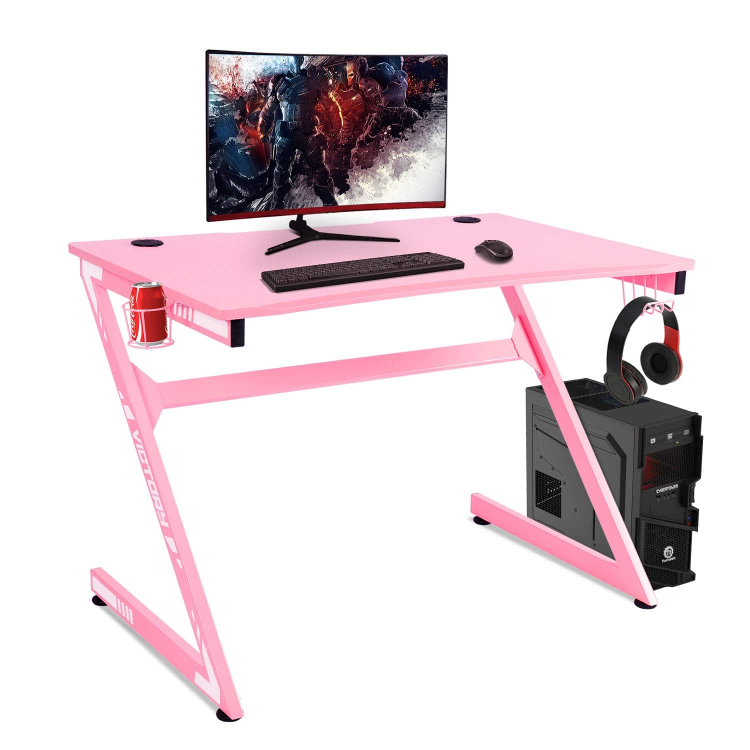 YIGOBUY Computer Workstation Gaming PC Desk Home Office Student Table with Cup & Headphone Holder, Writing Table (White) (Pink)
