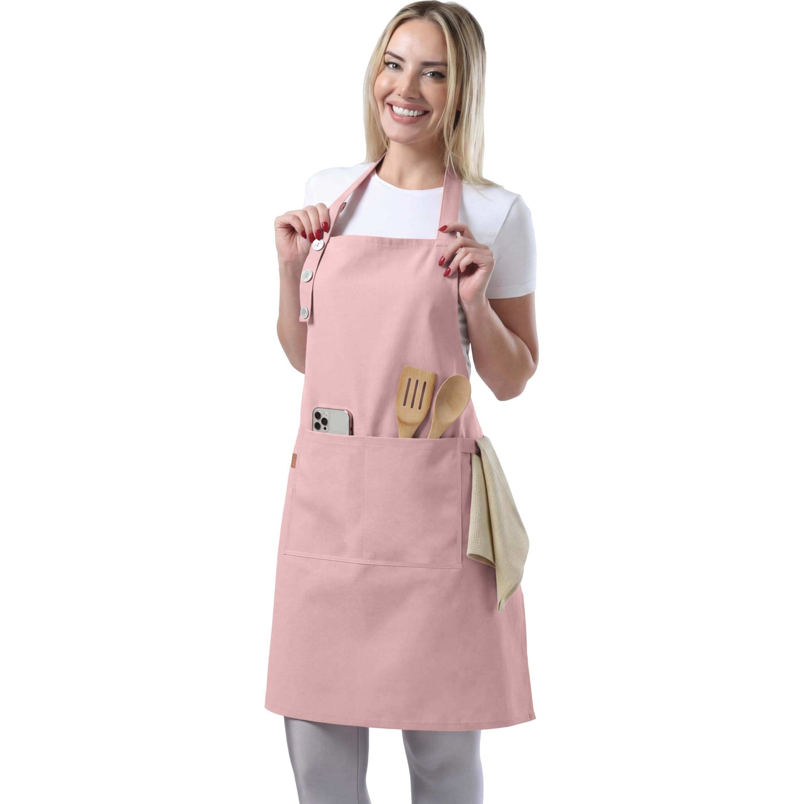 TOSHE Kitchen Apron Waterdrop Resistant Cotton Apron with adjustable Aprons for Women with Pockets 10 Color option Cooking Powder Pink Apron (Powder Pink)