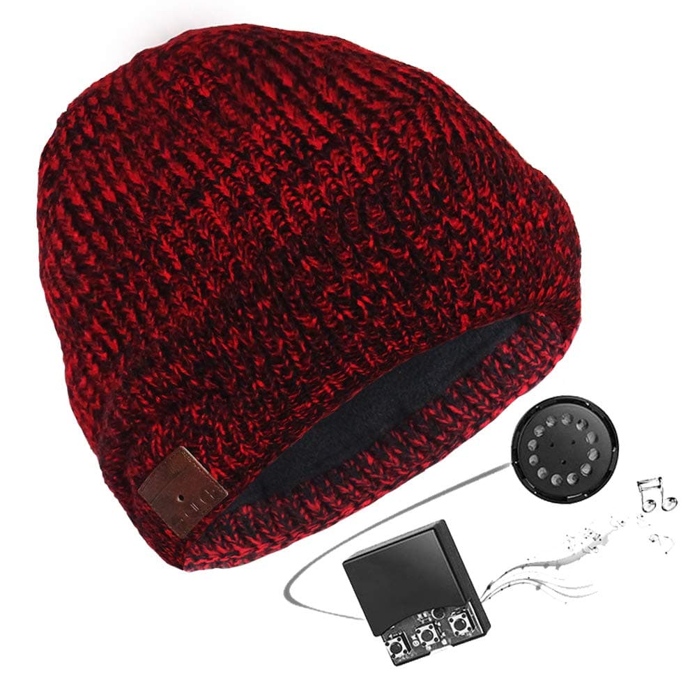 Bluetooth Hat Bluetooth Beanie Bluetooth Headphone Hat Wireless Beanie Hat with Removable Bluetooth Headset and Mic Hands Free Talking Mix Color Knitting Cuff Design Mixed Red