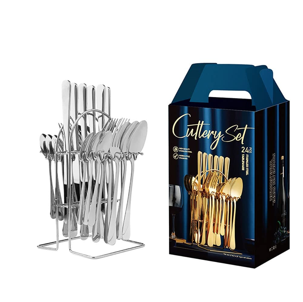 Arabest 24 Piece Silverware Flatware Set With Stand,Stainless Steel Utensils Service set for 6,Mirror Polished Cutlery Set,Dishwasher Safe Knife Fork Spoon Tableware set (Silver, Set B)