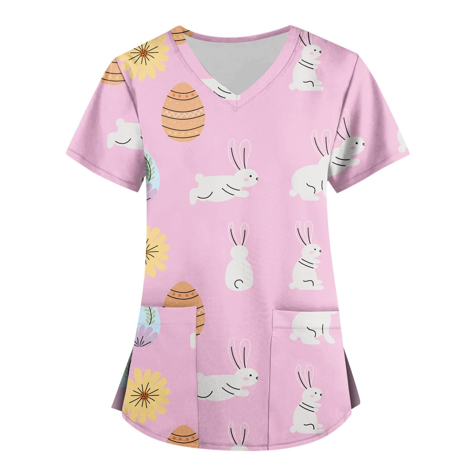 Easter Scrub Top Women 2024 Spring Cute Bunny Egg Hunt Print Short Sleeve V Neck Nurse Shirt Holiday Work Uniform