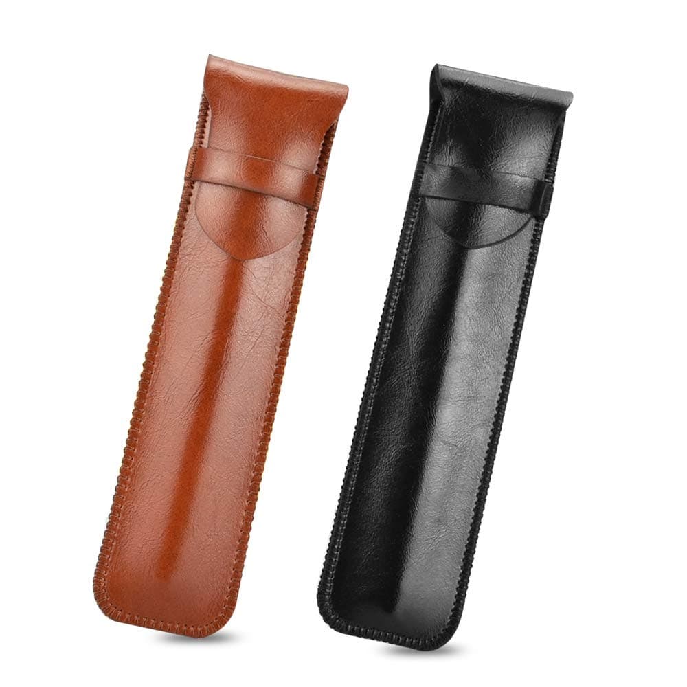 2 PCS Leather Pen Holder Handmade Protective Pen Case Portable Pen Protective Sleeve for Pens, Optical Pencil (Brown and Black)