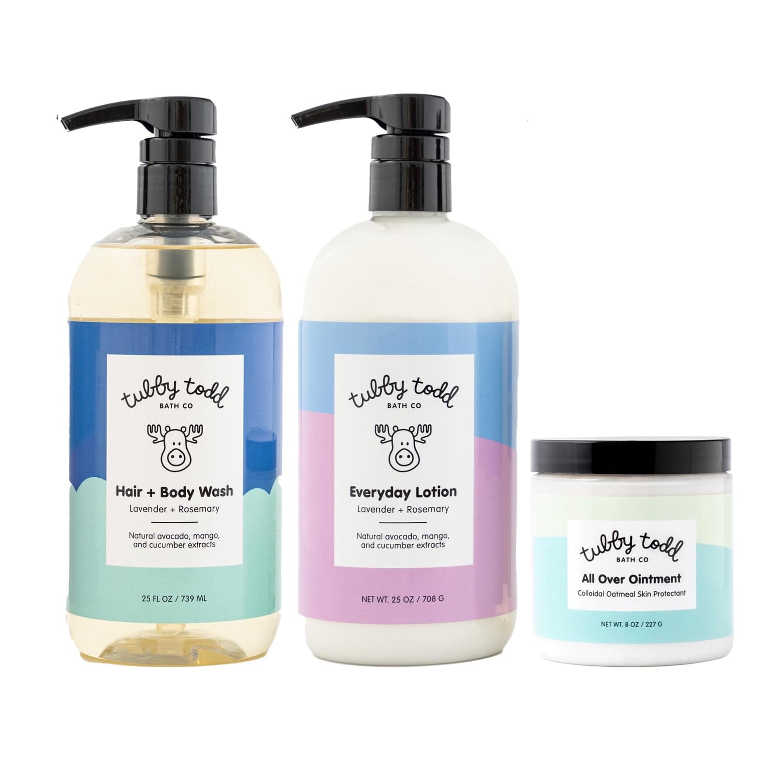TUBBY TODD 3-Step Baby Bath & Skincare Routine - The Regulars Bundle - Baby Shampoo and Body Wash, Everyday Lotion 25 Oz & All Over Ointment 8 Oz - Lavender Rosemary