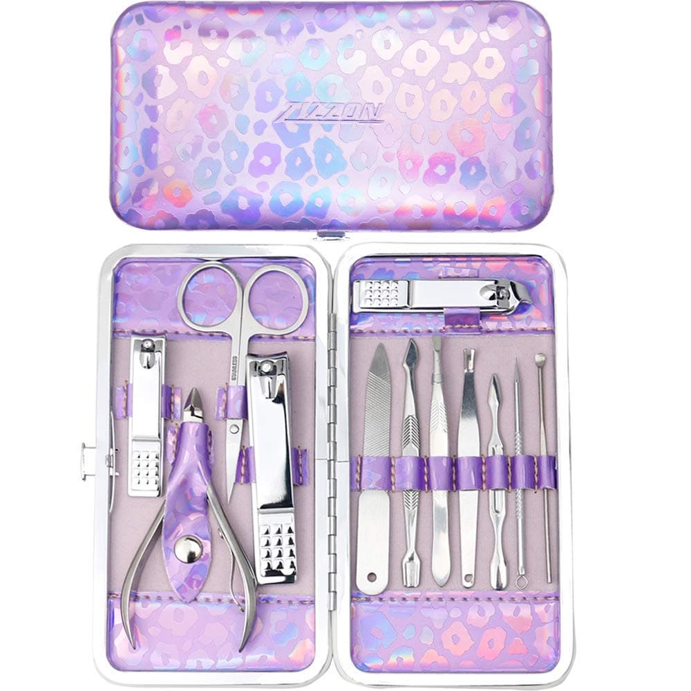 ZIZZON Nail Clippers Kit Manicure Pedicure Set with Holographic Case(Purple)