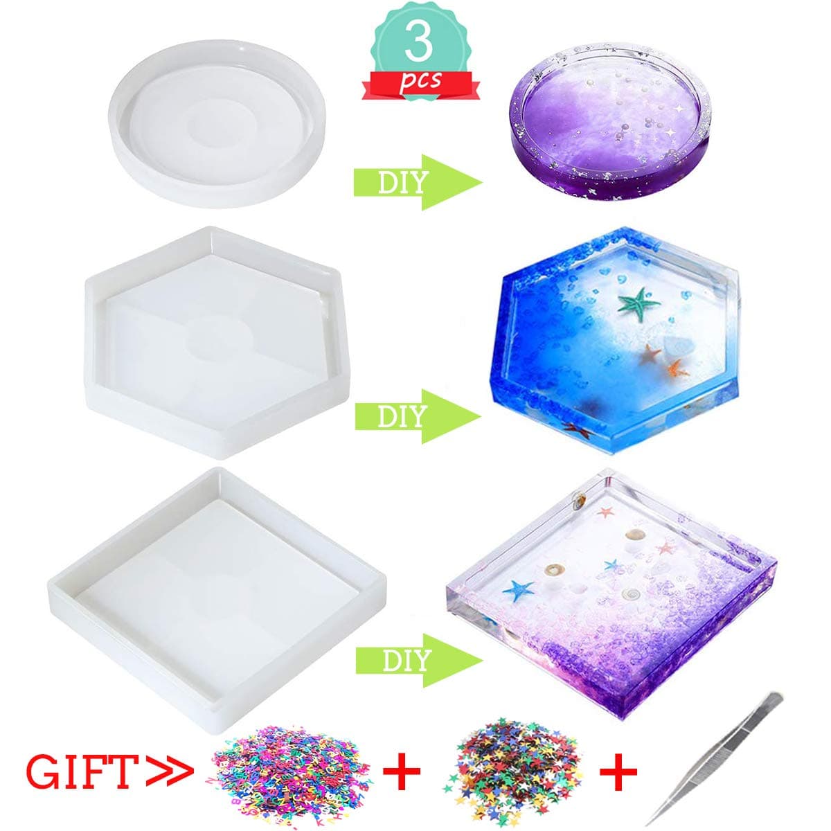 YLIANG Silicone Coaster Resin Molds 3 Pack, Epoxy Casting DIY Molds Including Round, Hexagon and Square Mold for Resin, Concrete, Home Decoration, with Sequins and Tweezers